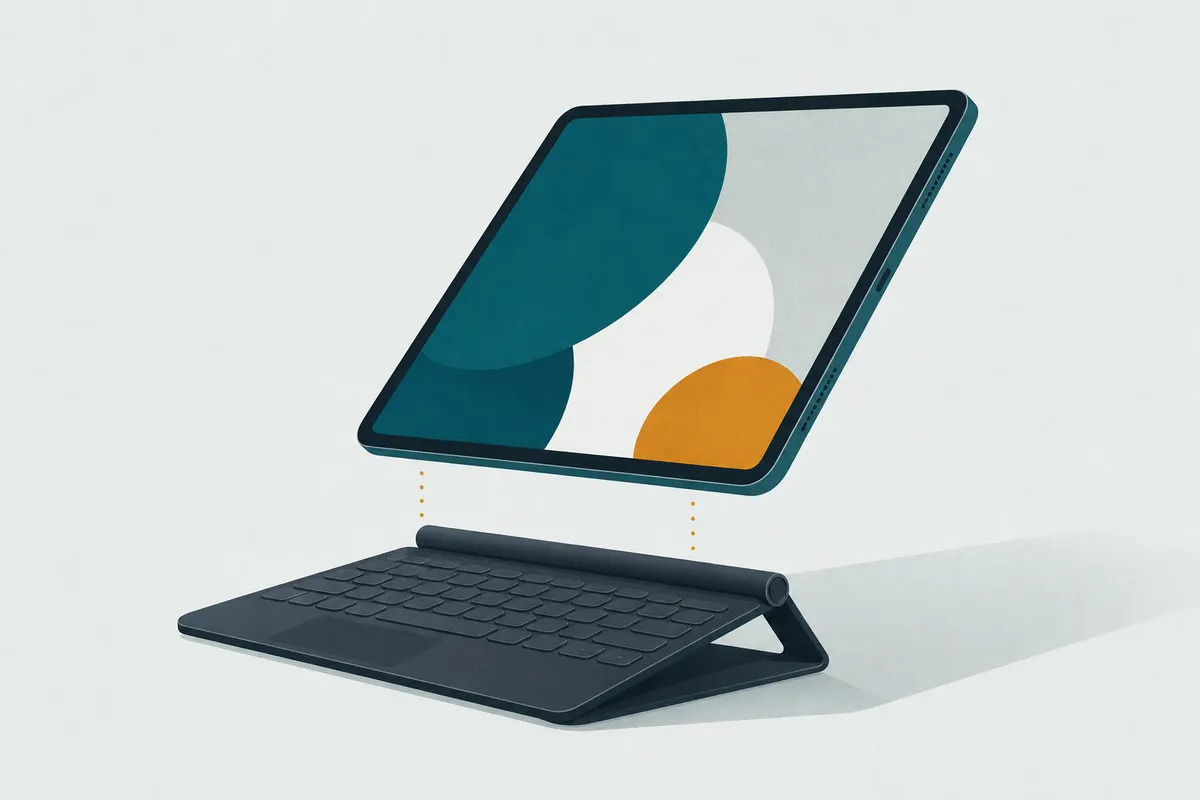 Tablette fixée au-dessus d'un étui-clavier à charnière, en vue de trois quarts