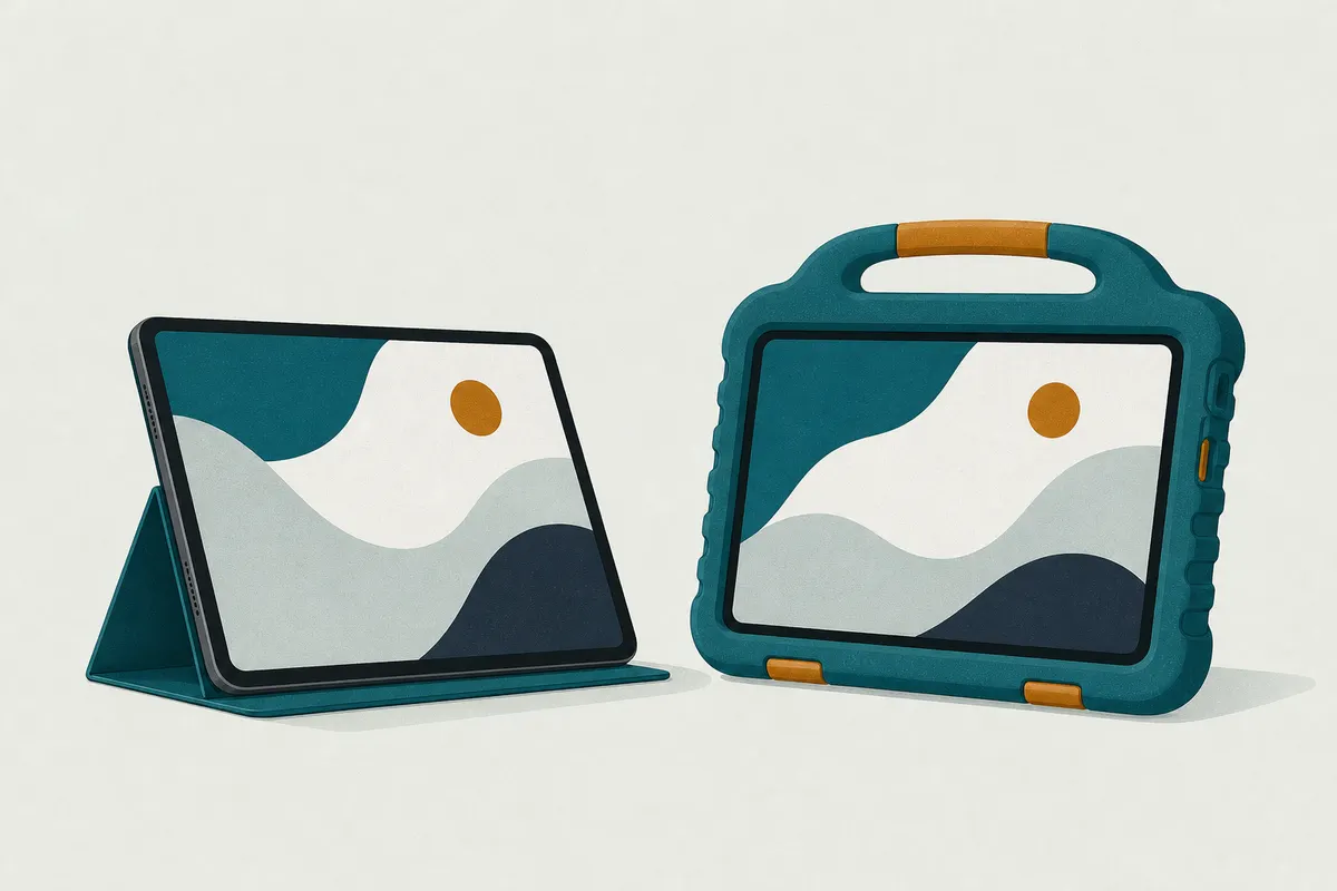 Deux tablettes protégées : l'une dans un étui folio replié en pied, l'autre dans une coque en mousse à poignée