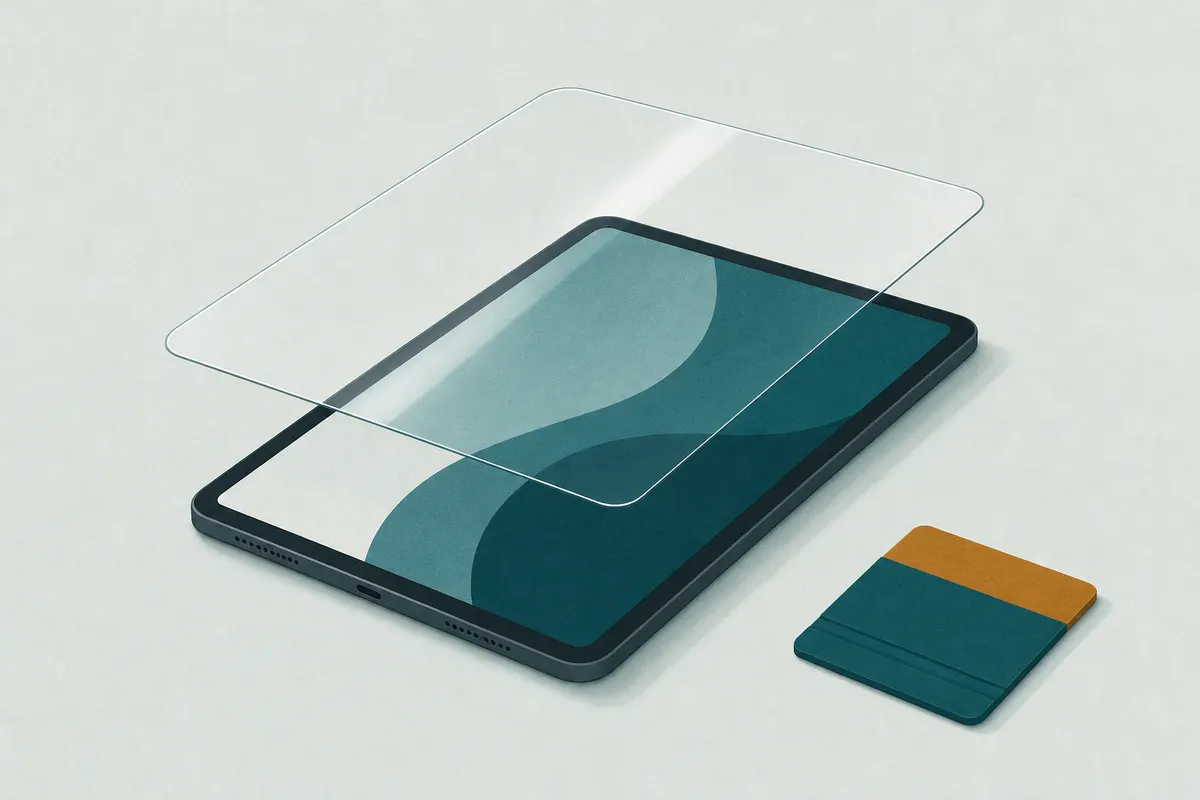 Vue éclatée d'une tablette avec une feuille de verre trempé au-dessus de l'écran et une carte de pose