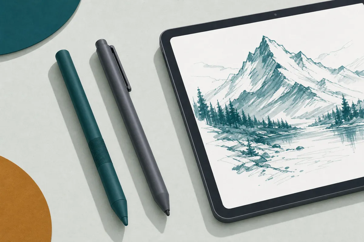 Deux stylets, l'un vert canard à grip, l'autre gris à clip, à côté d'une tablette affichant un croquis de montagne
