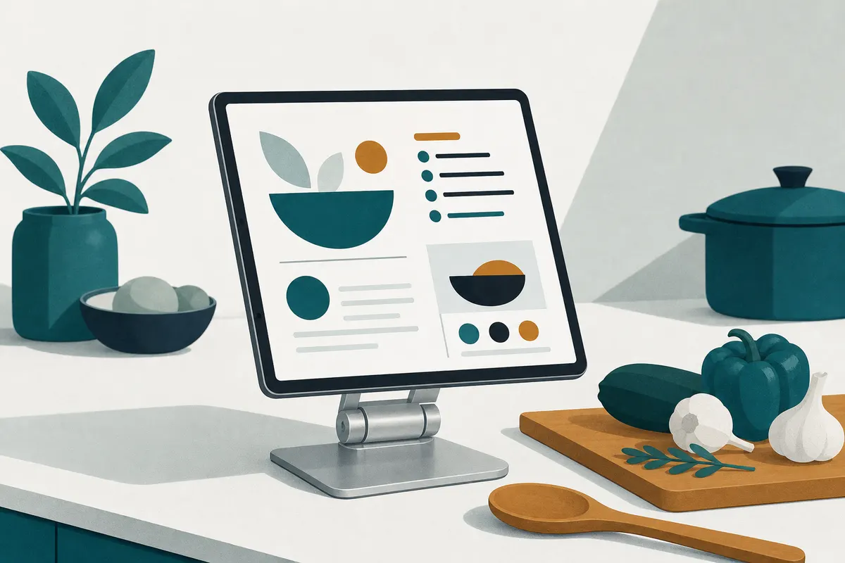 Tablette sur un support en aluminium dans une cuisine, à côté d'une planche à découper