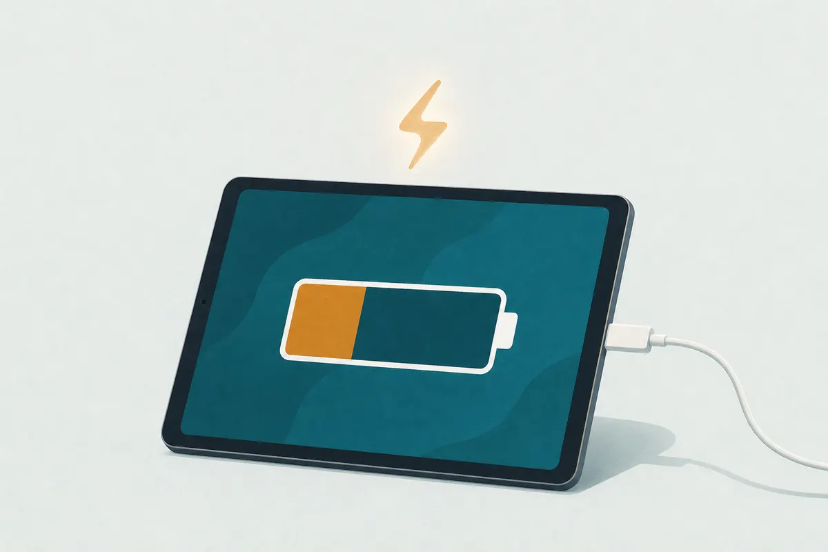 Tablette en charge affichant une batterie remplie au tiers