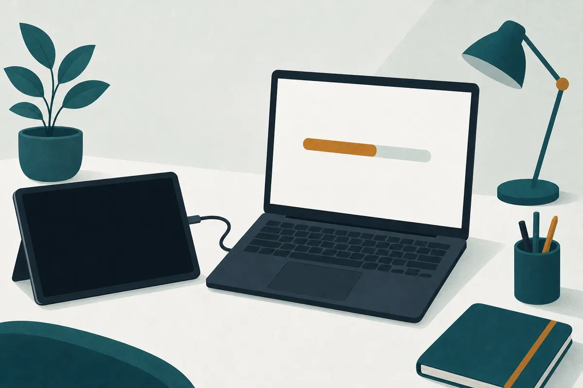 Tablette à l'écran noir reliée par câble à un ordinateur portable qui affiche une barre de progression