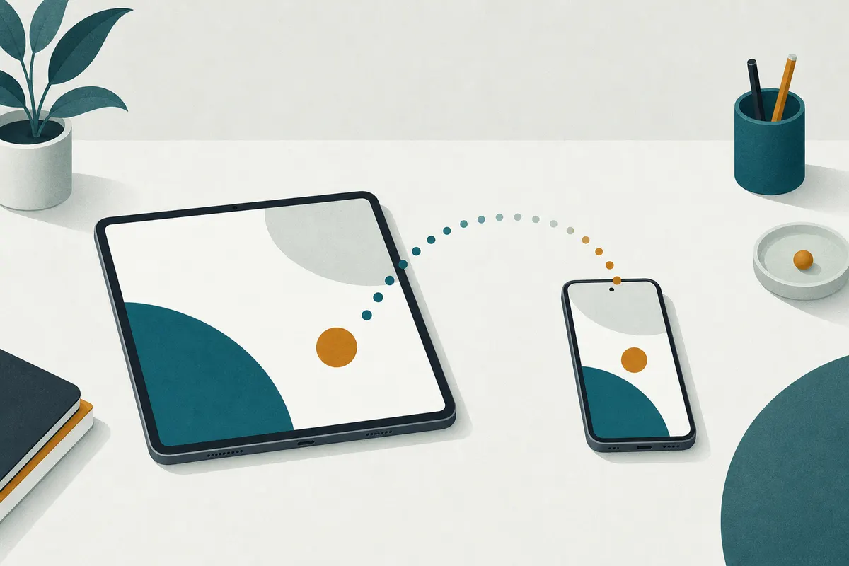 Tablette et téléphone posés côte à côte, reliés par un arc de petits points