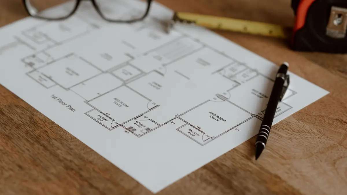 Plan de maison imprimé sur une table, avec un mètre ruban, des lunettes et un stylo