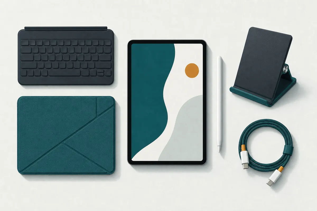 Tablette posée à plat entourée de ses accessoires : clavier, stylet, étui pliant, support et câble