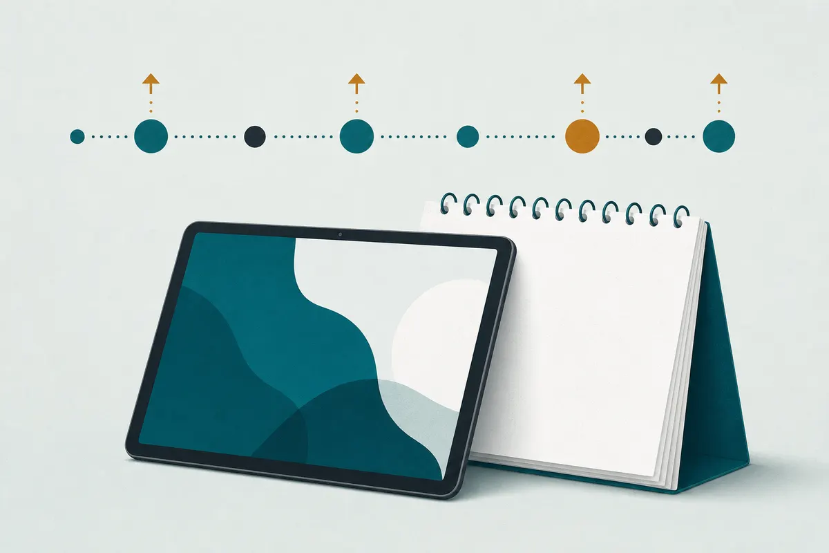 Tablette appuyée contre un calendrier de bureau, sous une frise de points et de flèches