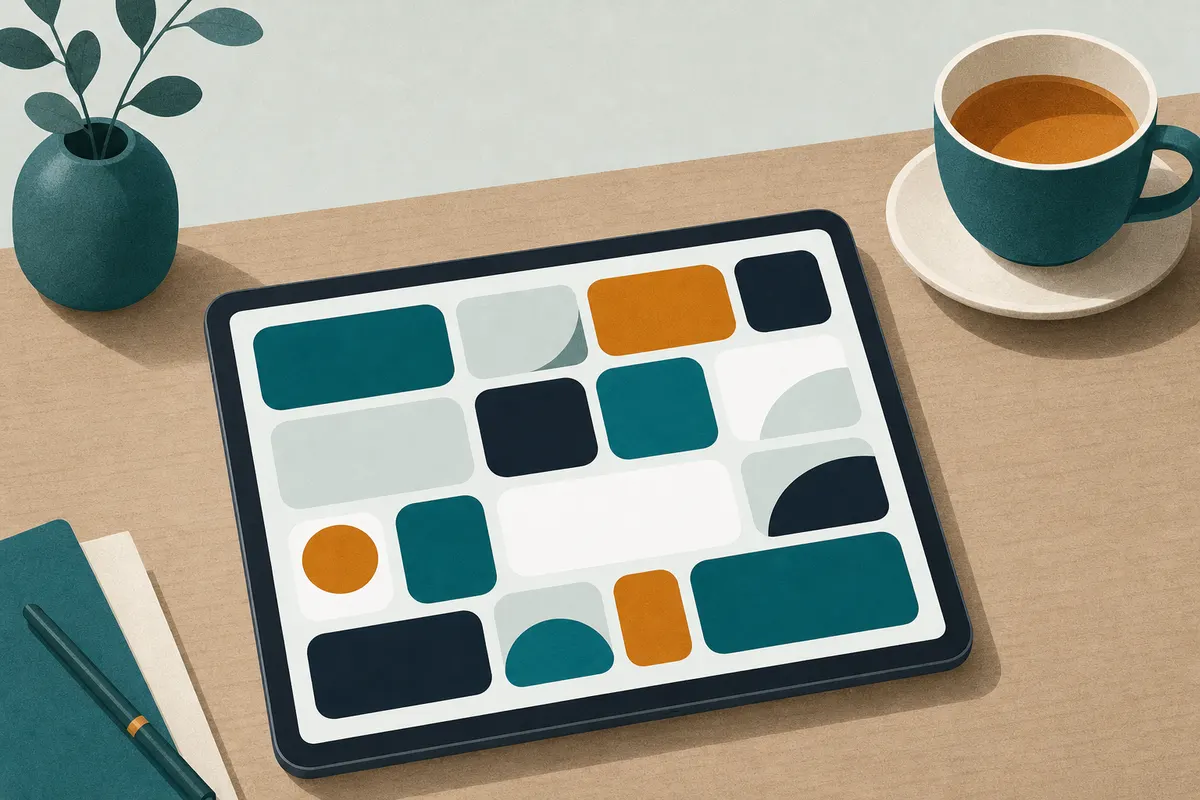 Tablette sur un bureau, son écran rempli de tuiles colorées, à côté d'une tasse de thé