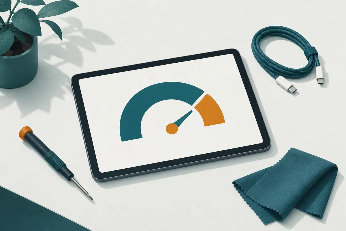 Tablette sur un établi, avec un tournevis de précision, un câble de charge et un chiffon