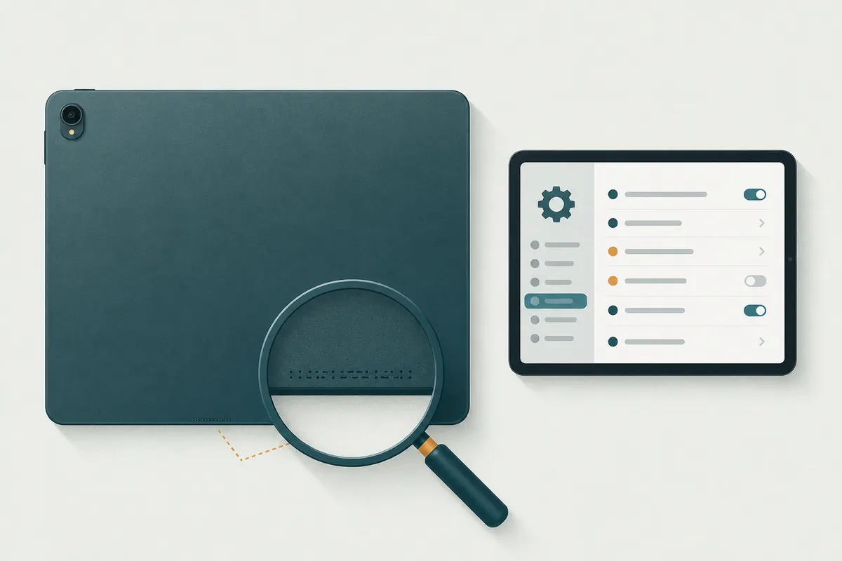 Dos d'une tablette avec une loupe sur la zone gravée en bas, et un écran de réglages à côté